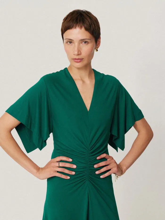 Jigsaw Crepe Flutter Sleeve Dress Green Women Dresses and Jumpsuits