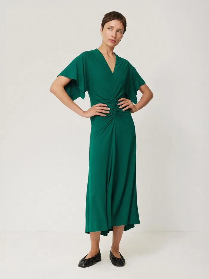 Jigsaw Crepe Flutter Sleeve Dress Green Women Dresses and Jumpsuits