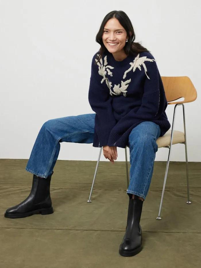Jigsaw Embroidered Knitted Jumper Navy Women Knitwear and Cashmere