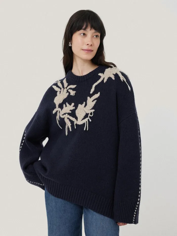 Jigsaw Embroidered Knitted Jumper Navy Women Knitwear and Cashmere