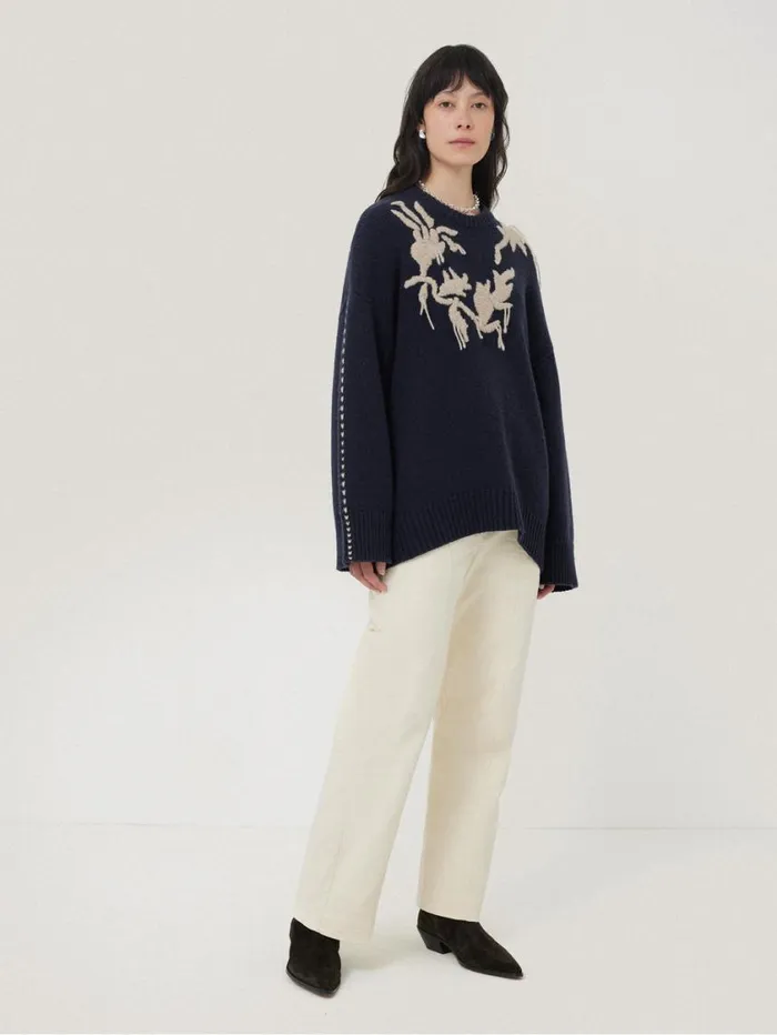Jigsaw Embroidered Knitted Jumper Navy Women Knitwear and Cashmere