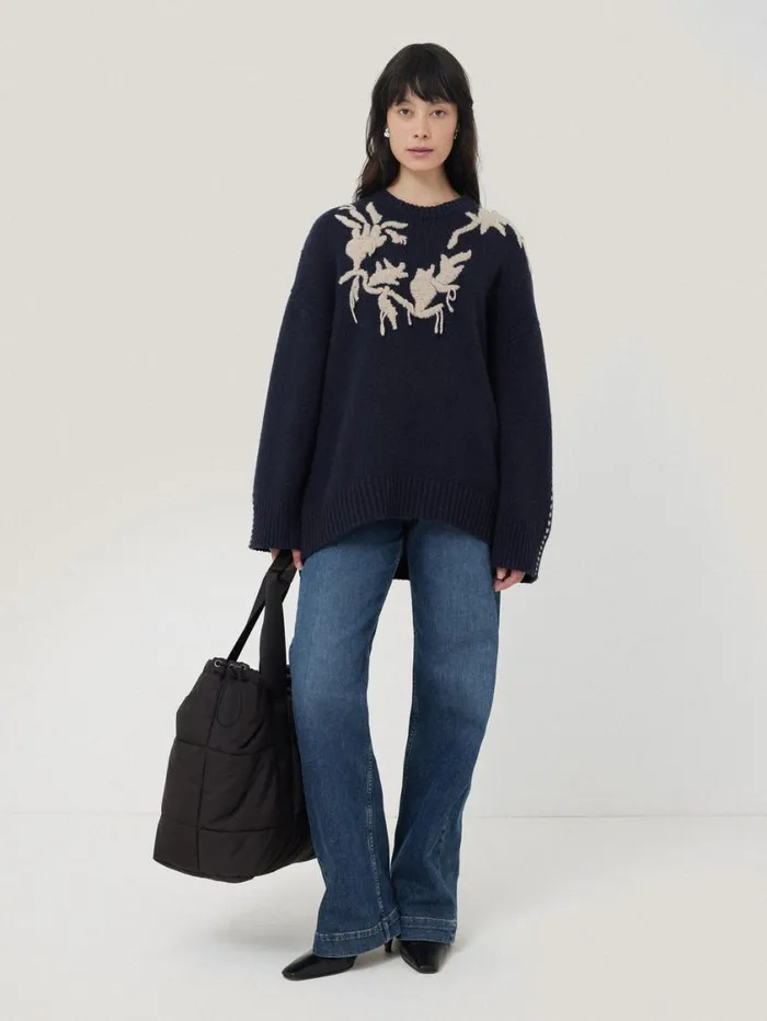 Jigsaw Embroidered Knitted Jumper Navy Women Knitwear and Cashmere