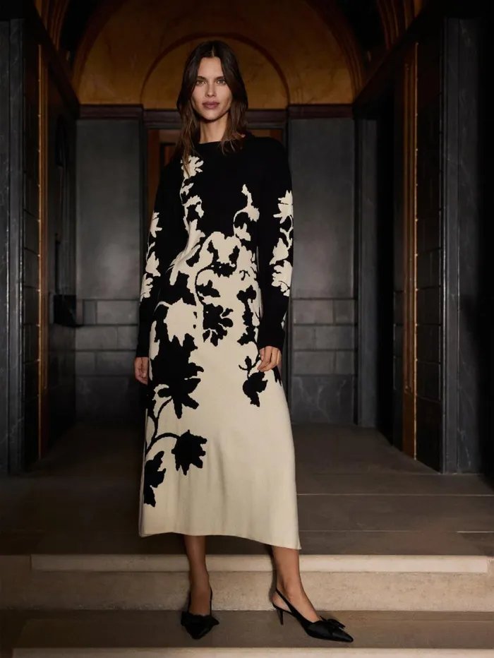 Jigsaw Floral Jacquard Knitted Dress Monochrome Women Knitwear and Cashmere