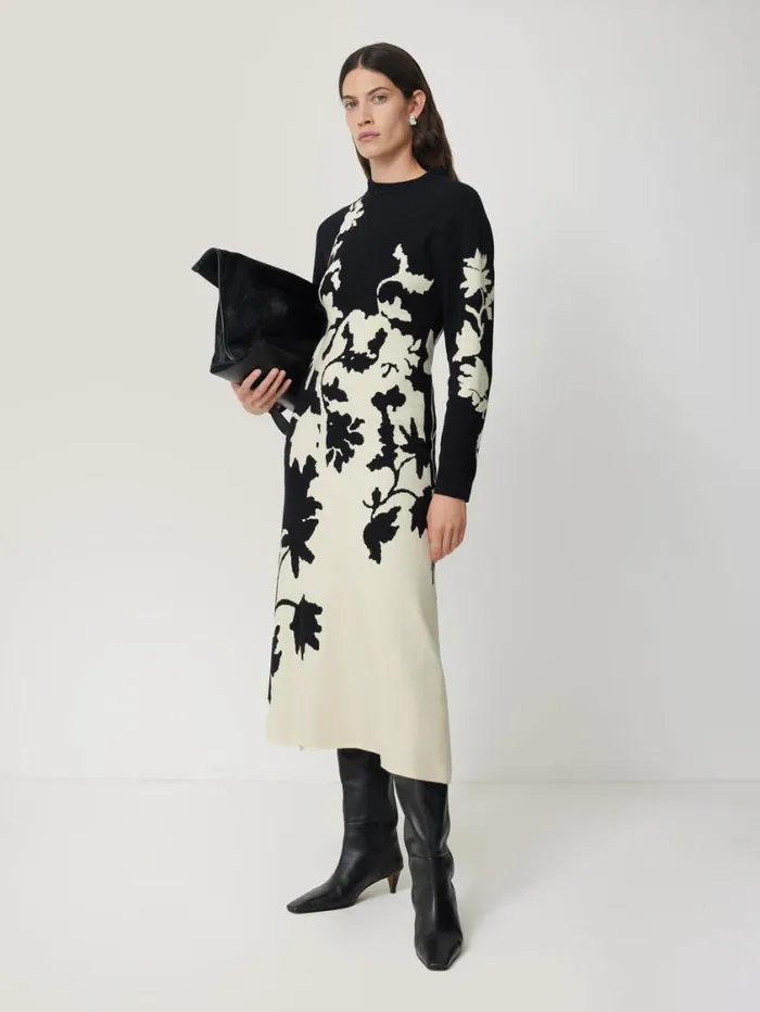 Jigsaw Floral Jacquard Knitted Dress Monochrome Women Knitwear and Cashmere