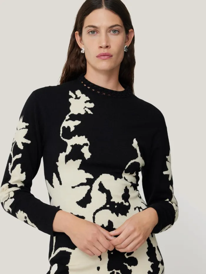 Jigsaw Floral Jacquard Knitted Dress Monochrome Women Knitwear and Cashmere
