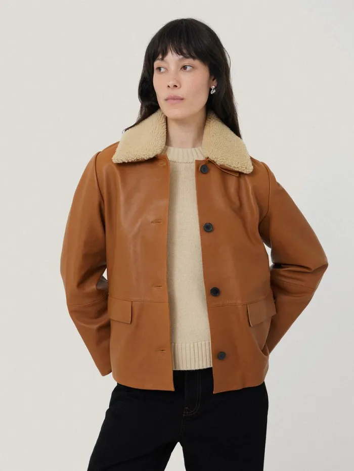 Jigsaw Leather Cropped Jacket Ginger Women Coats and Jackets