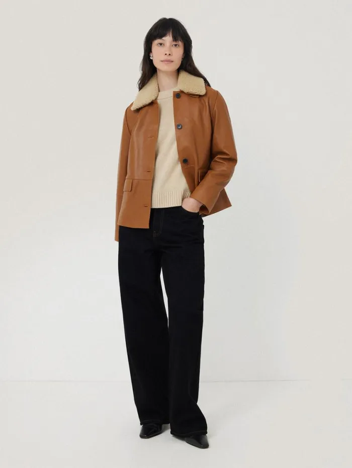 Jigsaw Leather Cropped Jacket Ginger Women Coats and Jackets