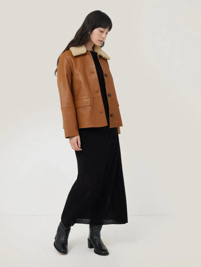 Jigsaw Leather Cropped Jacket Ginger Women Coats and Jackets