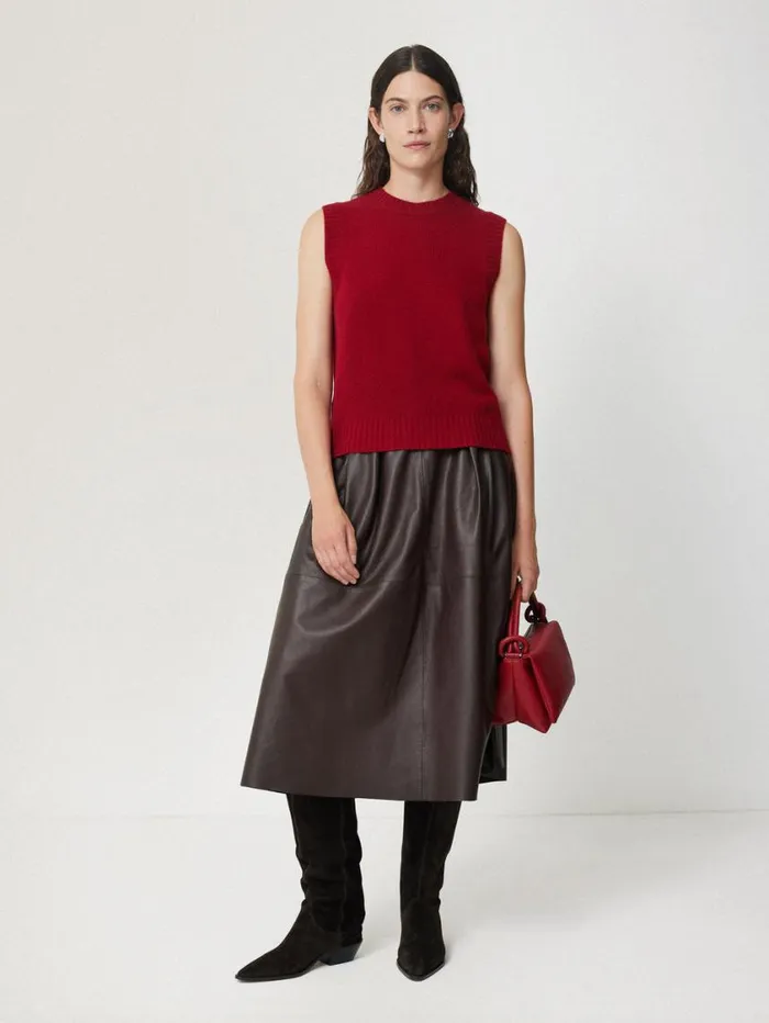 Jigsaw Leather Pleat Midi Skirt Brown Women Skirts
