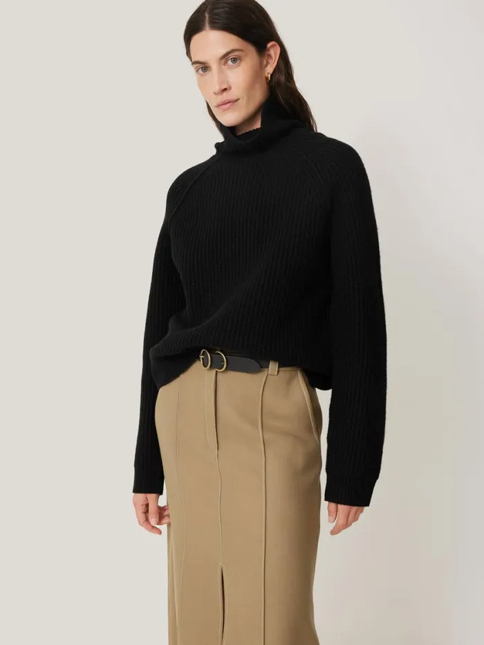 Jigsaw Merino Fishermans Rib Jumper Black Women Knitwear and Cashmere