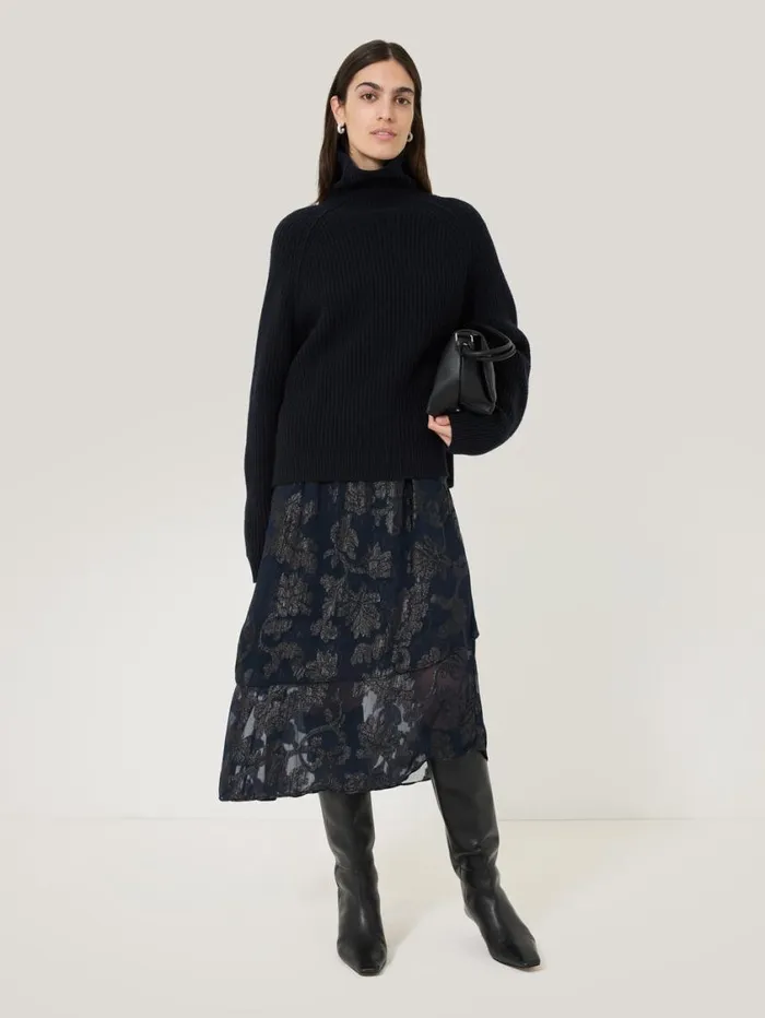 Jigsaw Metallic Jacquard Midi Skirt Navy Women Skirts