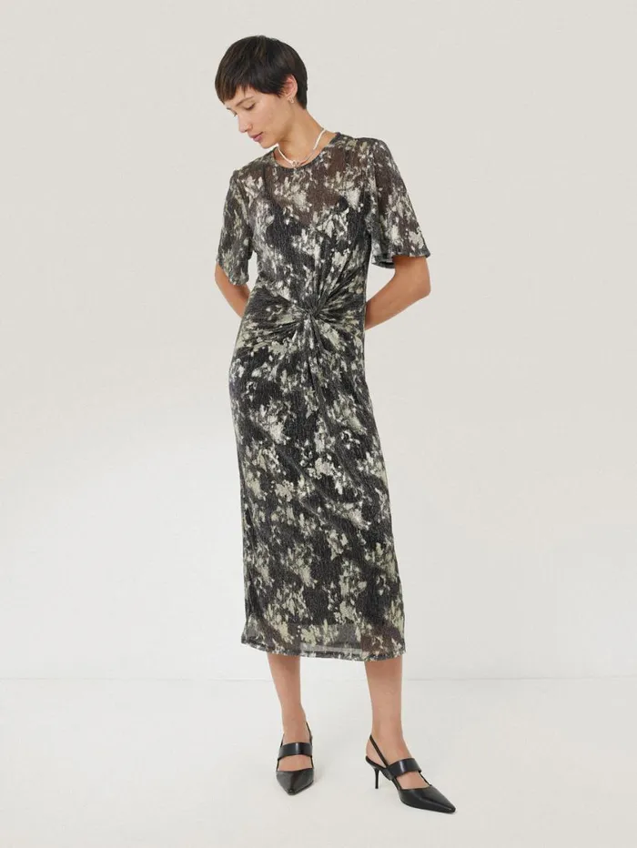 Jigsaw Metallic Knot Front Dress Gold Women Party