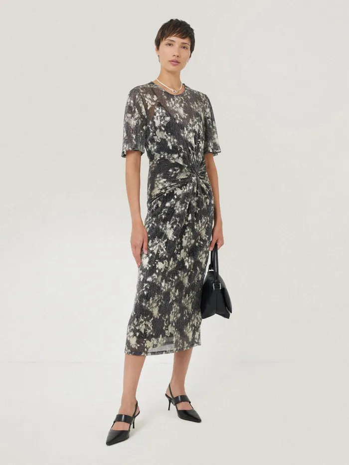 Jigsaw Metallic Knot Front Dress Gold Women Party