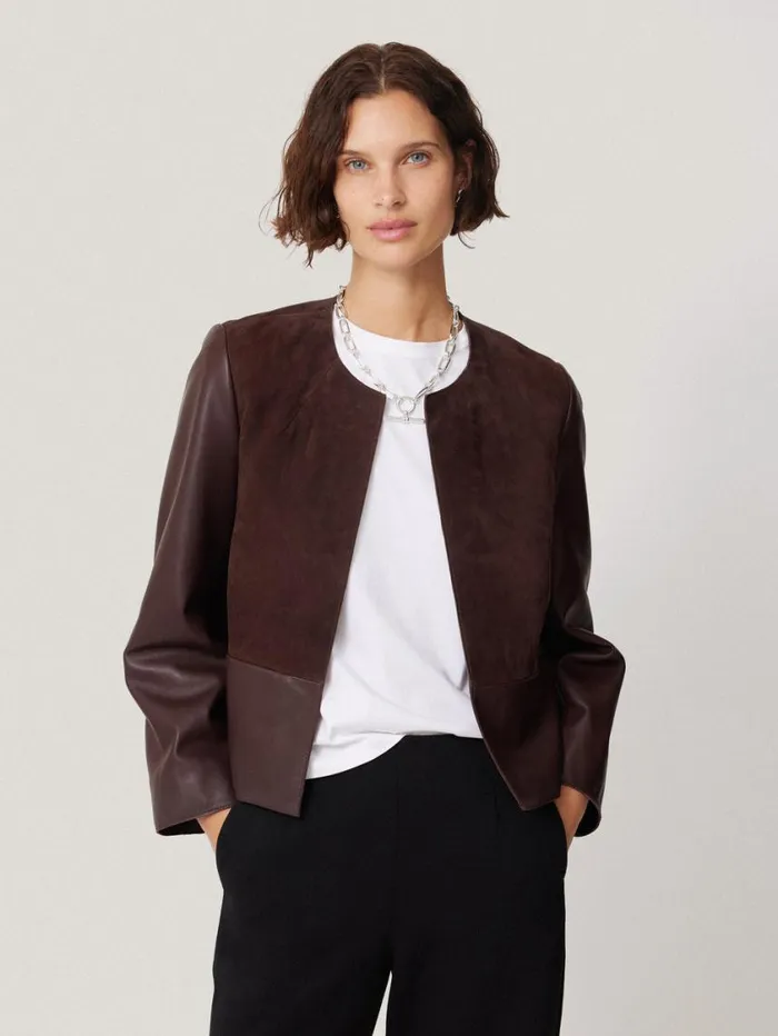 Jigsaw Nakoa Leather Mix Jacket Oxblood Women Coats and Jackets