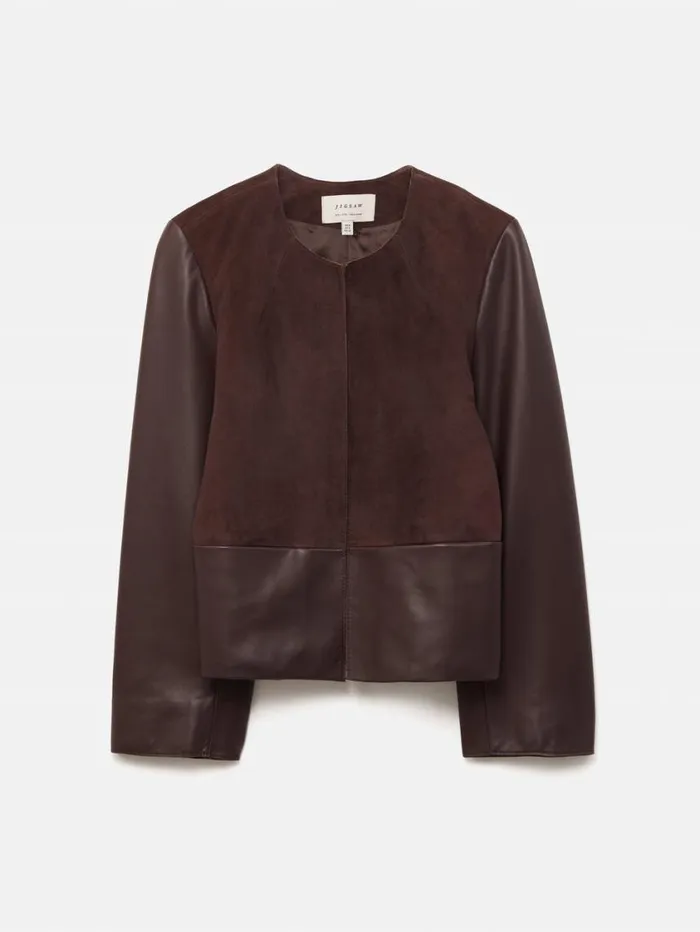 Jigsaw Nakoa Leather Mix Jacket Oxblood Women Coats and Jackets