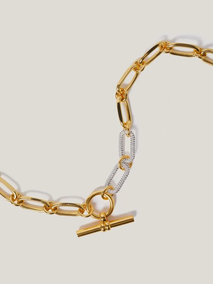Jigsaw Pave Trombone Chain Necklace Gold Women Party