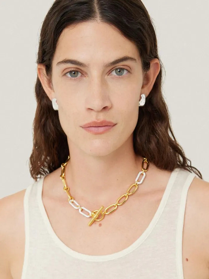Jigsaw Pave Trombone Chain Necklace Gold Women Party