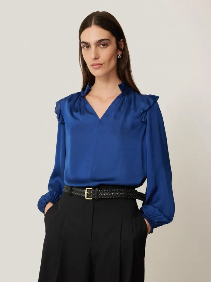Jigsaw Recycled Satin Ruffle Top Blue Women Party