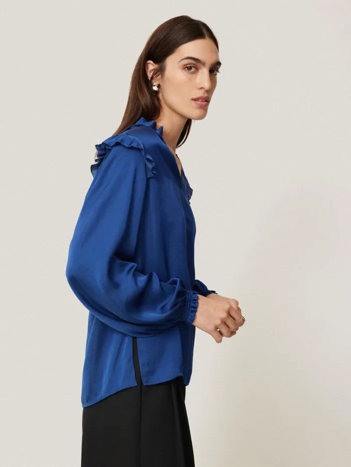Jigsaw Recycled Satin Ruffle Top Blue Women Party