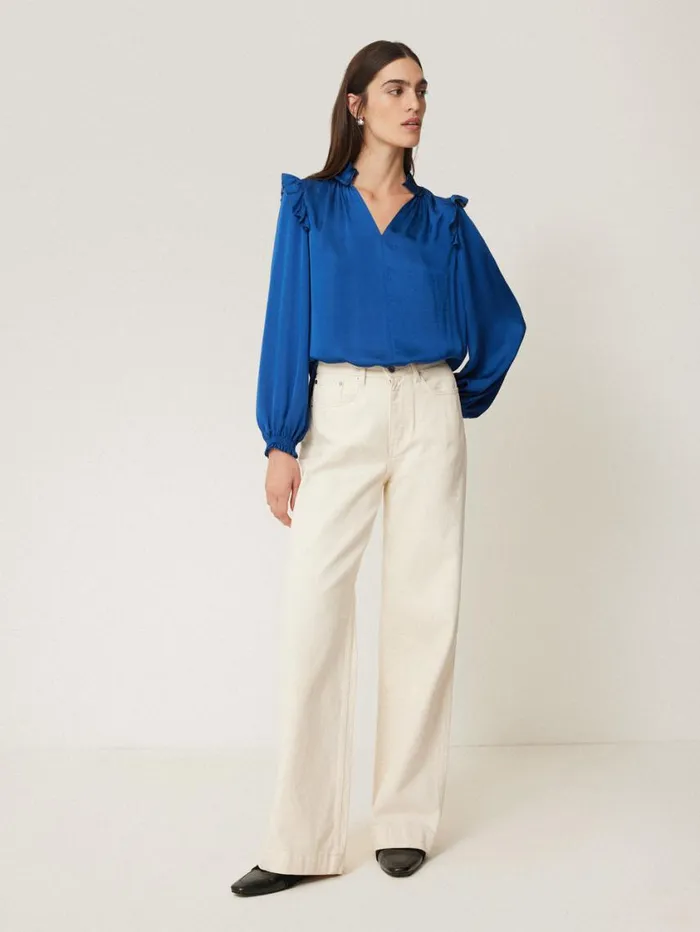 Jigsaw Recycled Satin Ruffle Top Blue Women Party