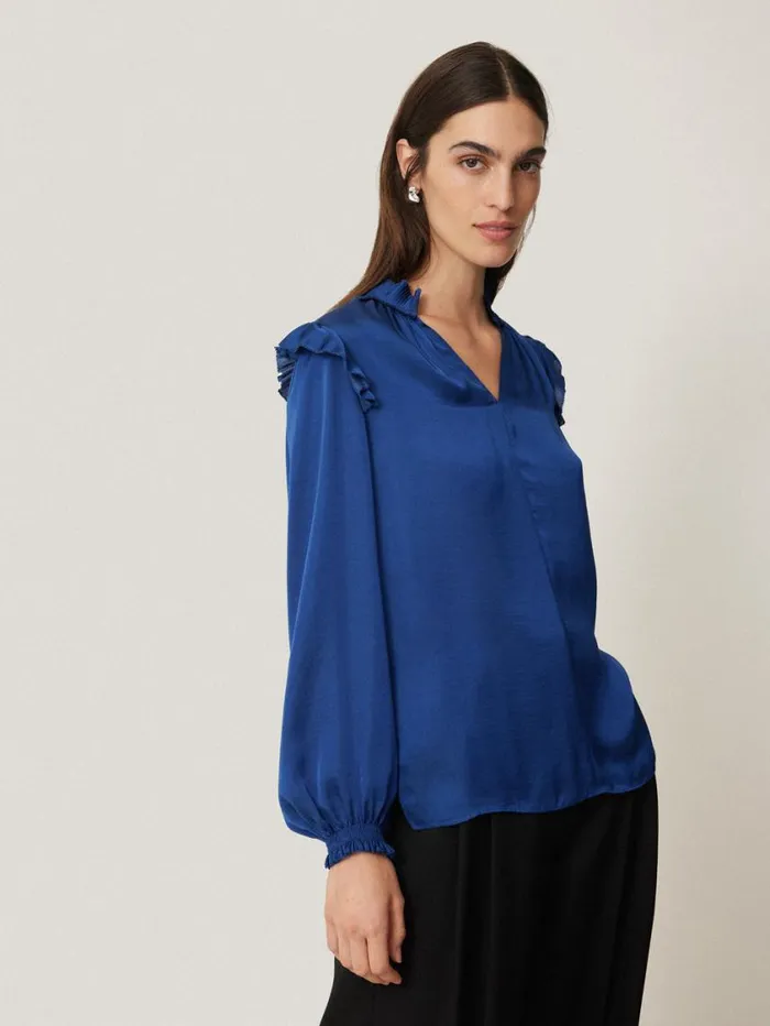 Jigsaw Recycled Satin Ruffle Top Blue Women Party