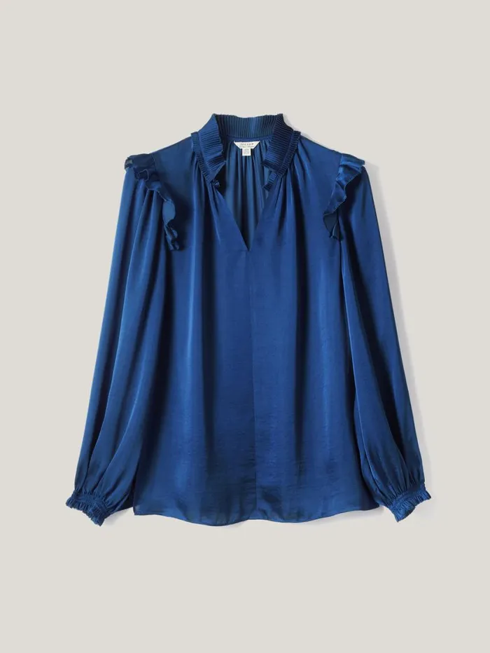 Jigsaw Recycled Satin Ruffle Top Blue Women Party