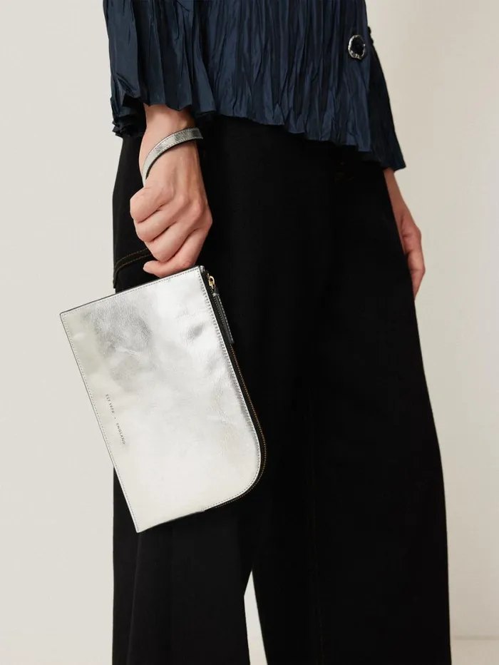 Jigsaw Sophia Metallic Leather Pouch Silver Women Party