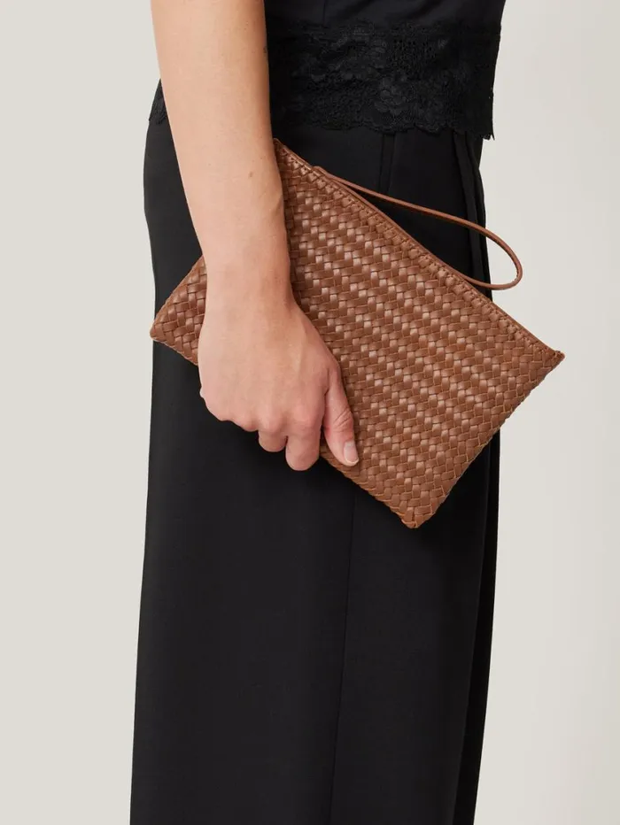 Jigsaw Woven Leather Pouch Tan Women Bags