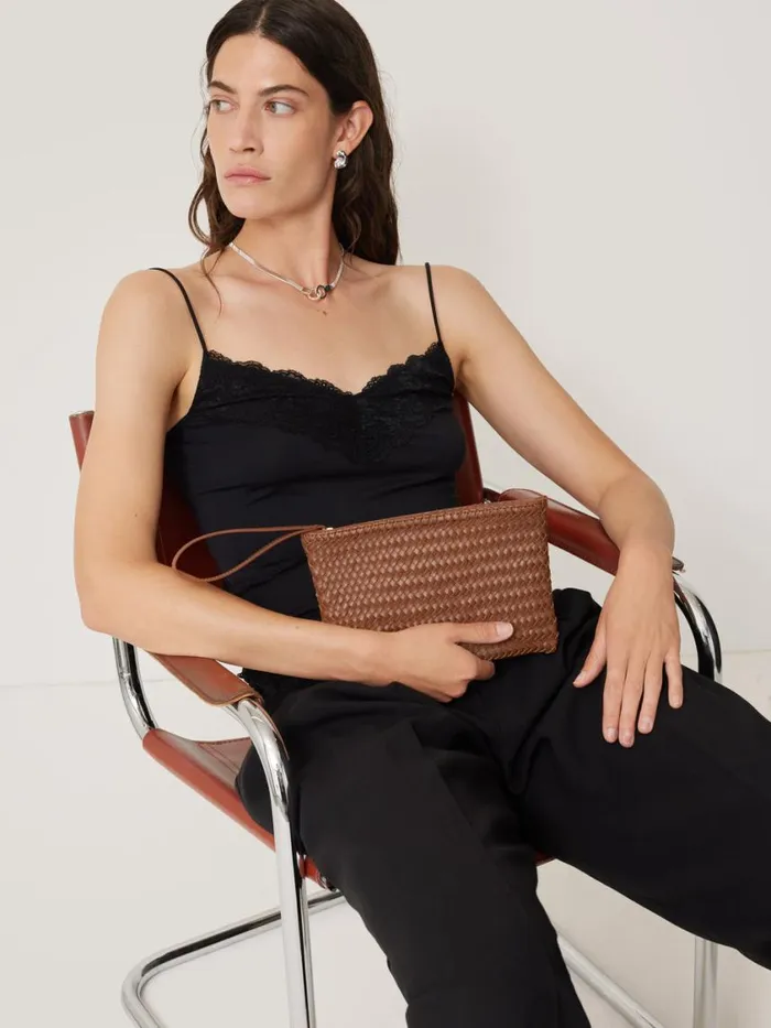 Jigsaw Woven Leather Pouch Tan Women Bags