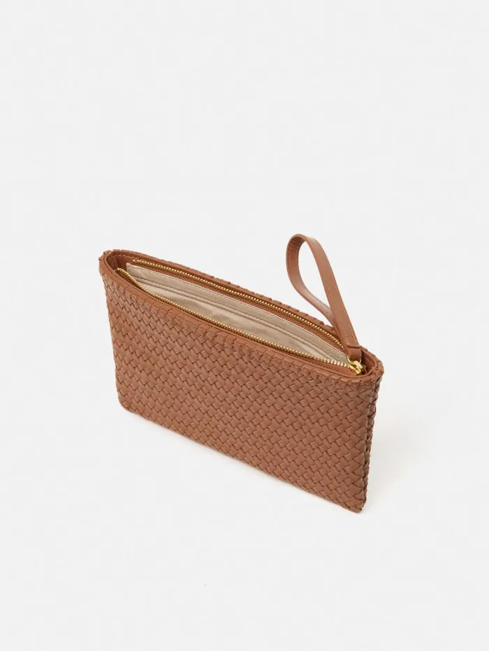 Jigsaw Woven Leather Pouch Tan Women Bags