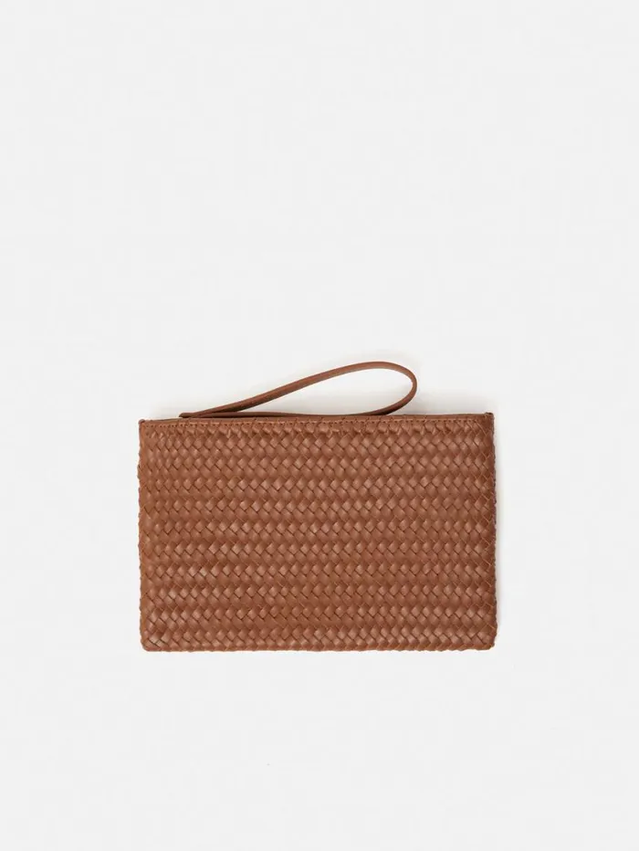 Jigsaw Woven Leather Pouch Tan Women Bags