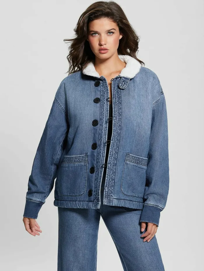 Lana SherpaLined Denim Jacket Noka Wash Jackets and Coats GUESS Women