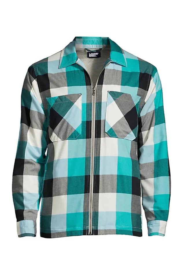 Lands039 End Casual Shirts Men Wafflelined Flannel Shirt Jacket Seafoam Teal Check Lands039 End Casual Shirts Men Wafflelined Flannel Shirt Jacket Seafoam Teal Check