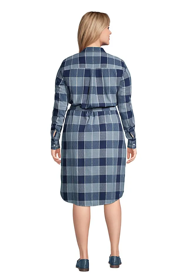 Lands039 End Dresses Women Plus Size Cotton Dobby Button Front Long Sleeve Dress Indigo Dobby