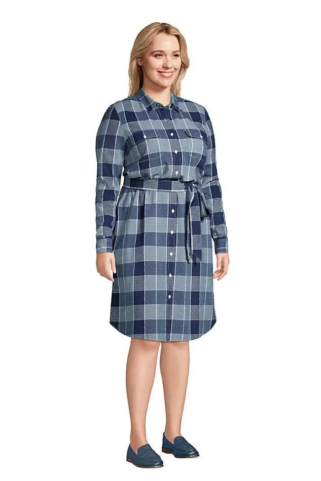 Lands039 End Dresses Women Plus Size Cotton Dobby Button Front Long Sleeve Dress Indigo Dobby