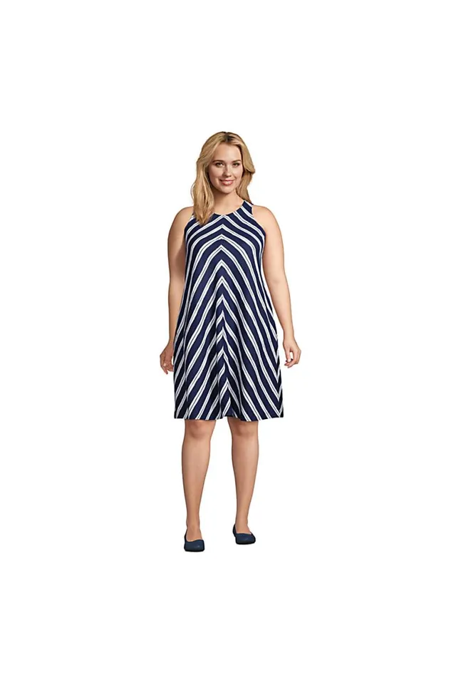 Lands039 End Dresses Women Plus Size Sleeveless Linen Swing Dress Deep Sea Navy Stripe