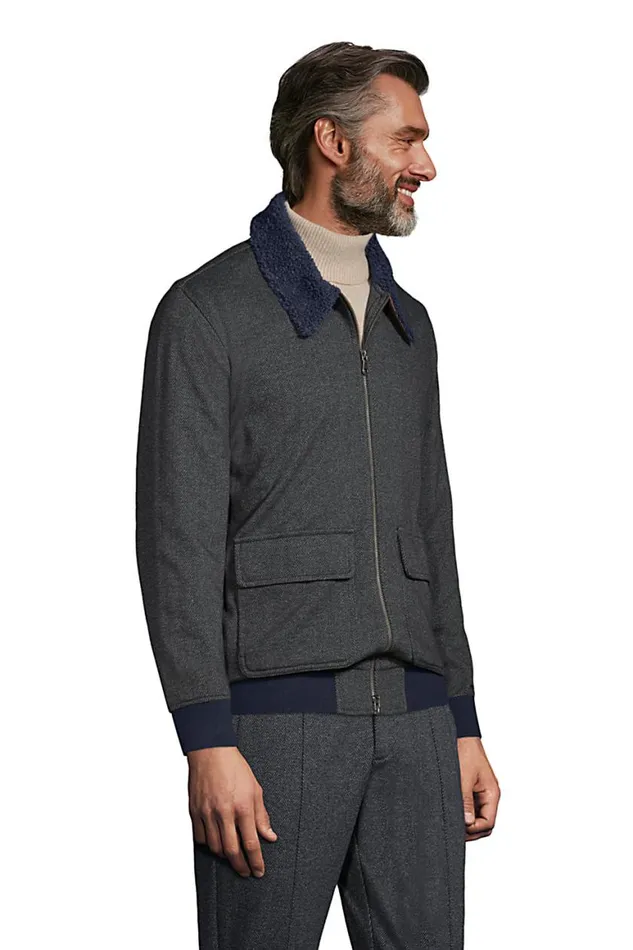 Lands039 End Fleece Men Sport Knit Sherpa Fleece Collar Bomber Jacket Deep Sea Navy Herringbone