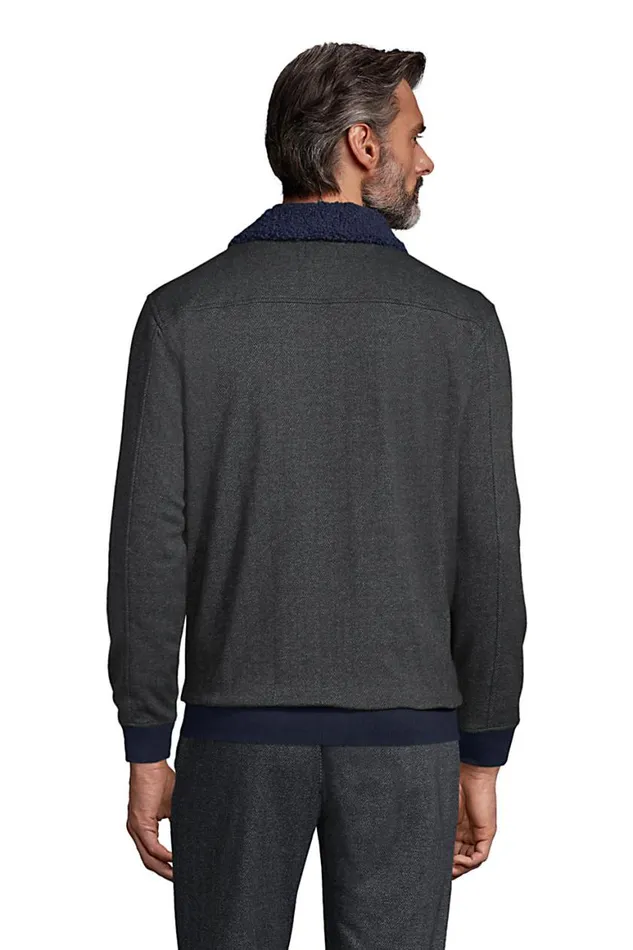 Lands039 End Fleece Men Sport Knit Sherpa Fleece Collar Bomber Jacket Deep Sea Navy Herringbone