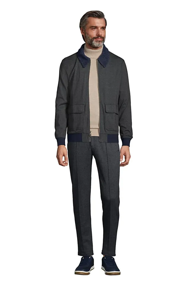 Lands039 End Fleece Men Sport Knit Sherpa Fleece Collar Bomber Jacket Deep Sea Navy Herringbone