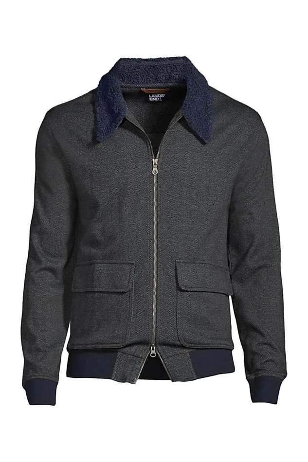 Lands039 End Fleece Men Sport Knit Sherpa Fleece Collar Bomber Jacket Deep Sea Navy Herringbone