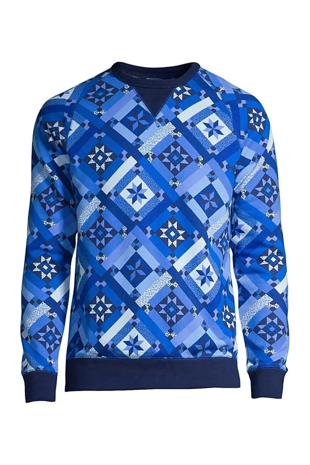Lands039 End Knit Tops and Tees Men Serious Sweats French Terry Crewneck Sweatshirt Navy Prosperity Quilt