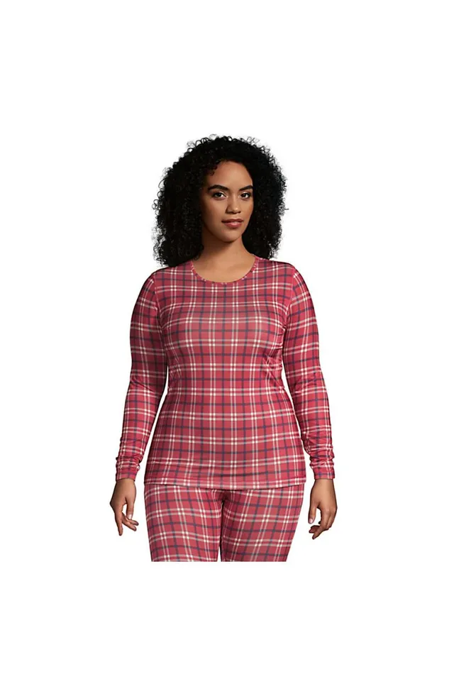 Lands039 End Long Underwear Women Plus Size Thermaskin Heat Thermal Long Underwear Base Layer Crewneck Shirt Rich Red Holiday Plaid