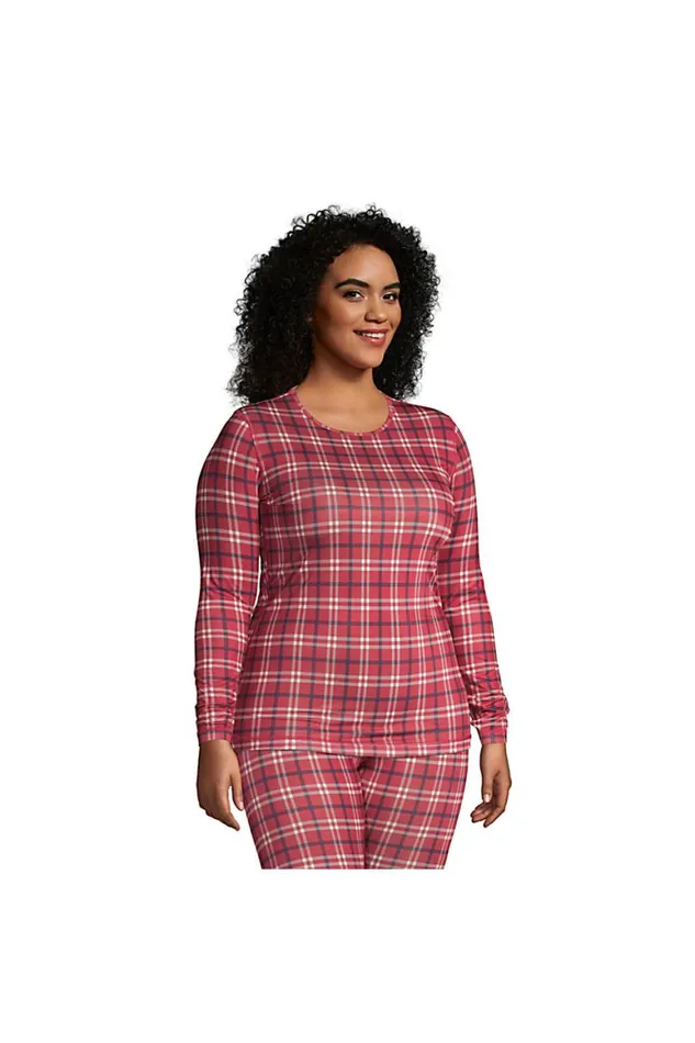 Lands039 End Long Underwear Women Plus Size Thermaskin Heat Thermal Long Underwear Base Layer Crewneck Shirt Rich Red Holiday Plaid