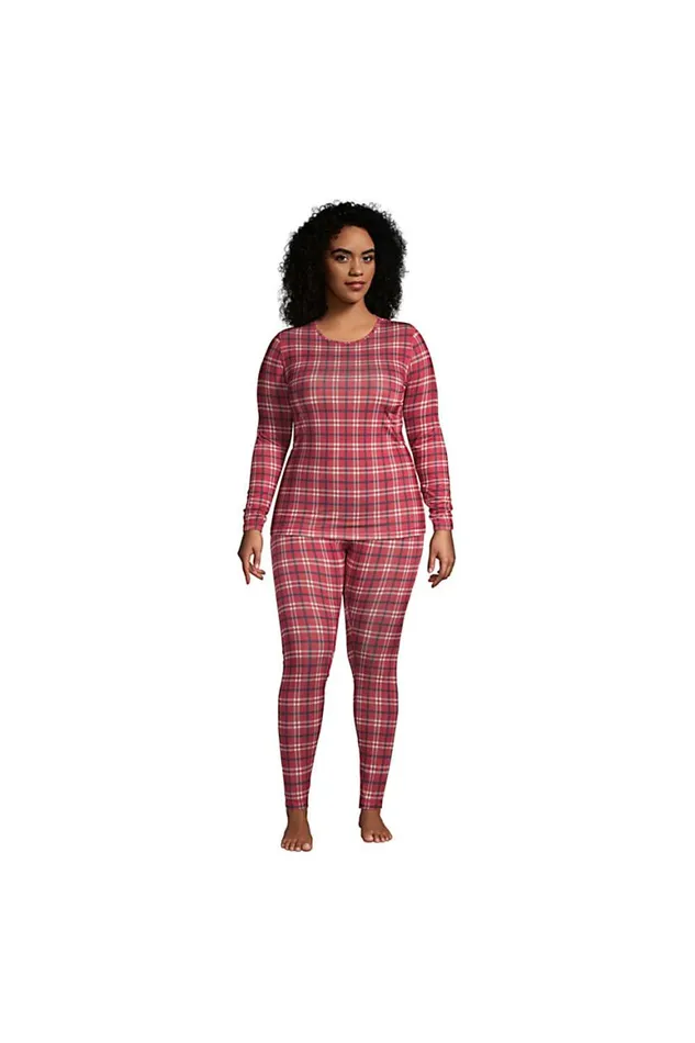Lands039 End Long Underwear Women Plus Size Thermaskin Heat Thermal Long Underwear Base Layer Crewneck Shirt Rich Red Holiday Plaid