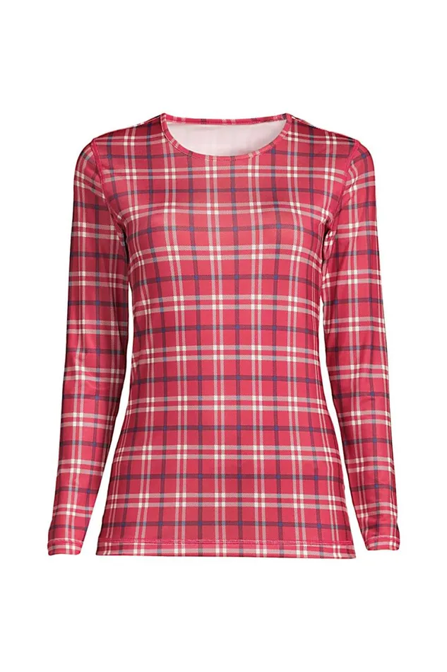 Lands039 End Long Underwear Women Plus Size Thermaskin Heat Thermal Long Underwear Base Layer Crewneck Shirt Rich Red Holiday Plaid