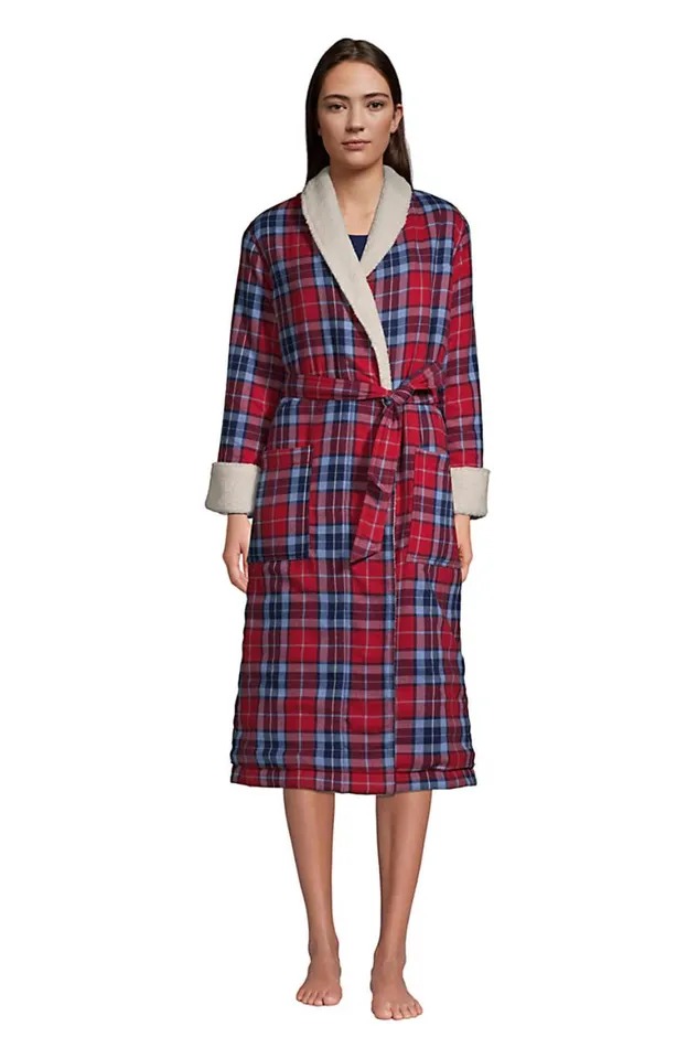 Lands039 End Pajamas and Robes Women Flannel Sherpa Fleece Lined Long Robe Rich Red Multi Plaid