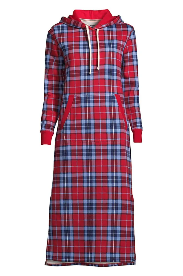 Lands039 End Pajamas and Robes Women Plus Size Serious Sweats Lounger Gown Rich Red Multi Plaid
