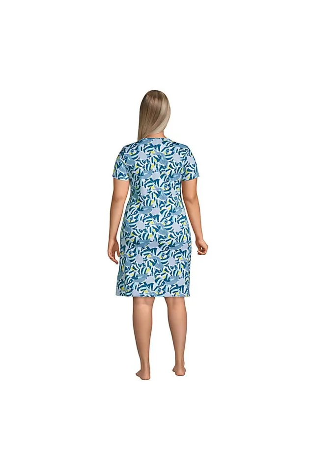 Lands039 End Pajamas and Robes Women Plus Size Supima Cotton Short Sleeve Knee Length Nightgown Dress Baltic Teal Angel Fish
