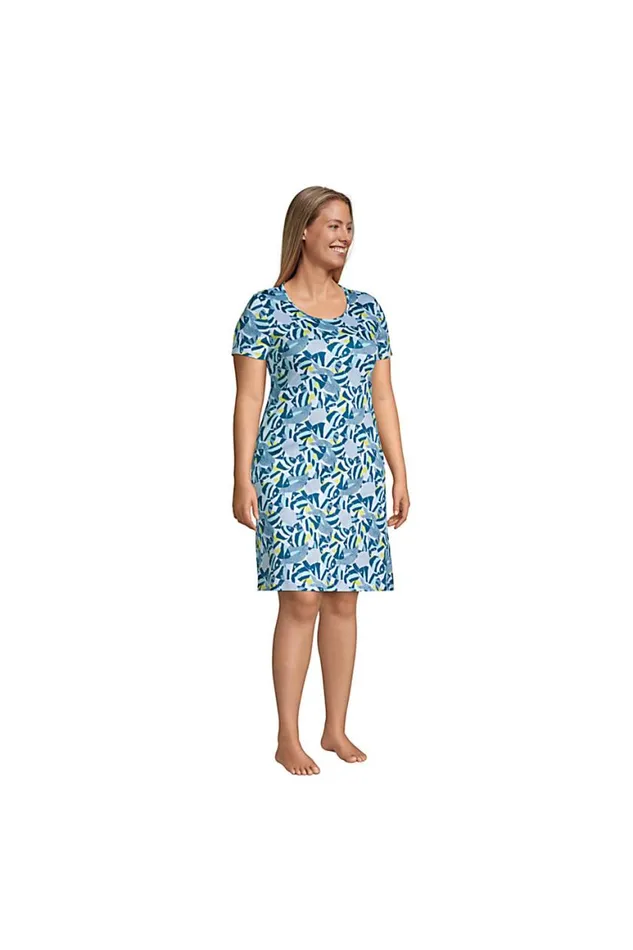 Lands039 End Pajamas and Robes Women Plus Size Supima Cotton Short Sleeve Knee Length Nightgown Dress Baltic Teal Angel Fish