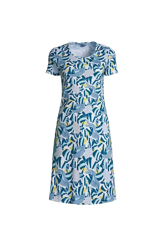 Lands039 End Pajamas and Robes Women Plus Size Supima Cotton Short Sleeve Knee Length Nightgown Dress Baltic Teal Angel Fish